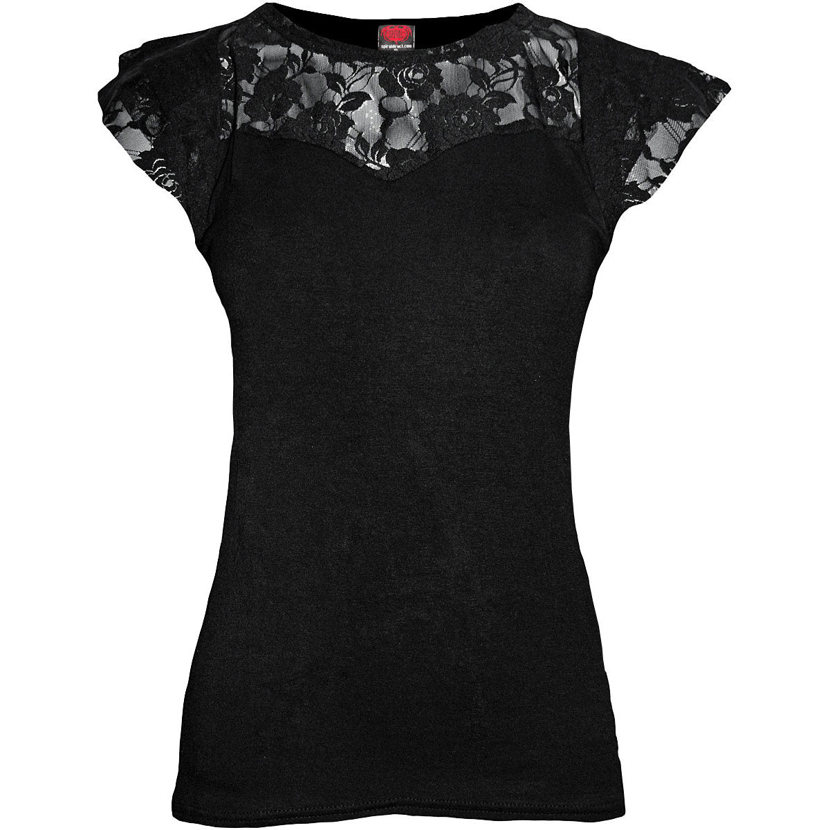 Black women's cap sleeve top with lace layered yoke detail.