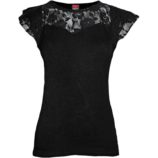 Black women's cap sleeve top with lace layered yoke detail.