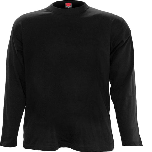 A plain black long-sleeve crew neck t-shirt on a white background.