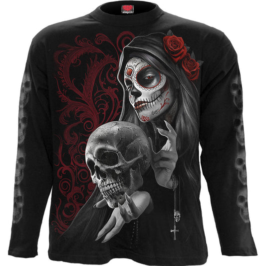 Black long sleeve shirt with skull, roses, and thorn design.