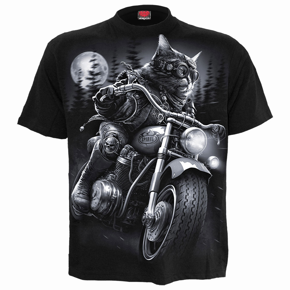 Black t-shirt with graphic of a cat riding a motorcycle.