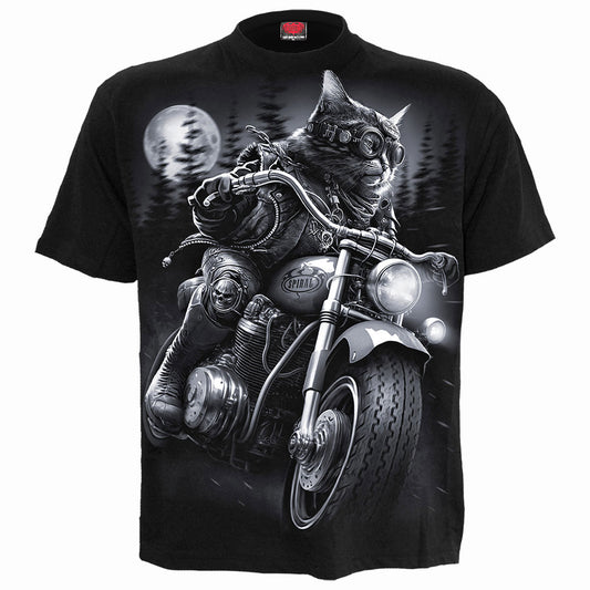 Black t-shirt with graphic of a cat riding a motorcycle.