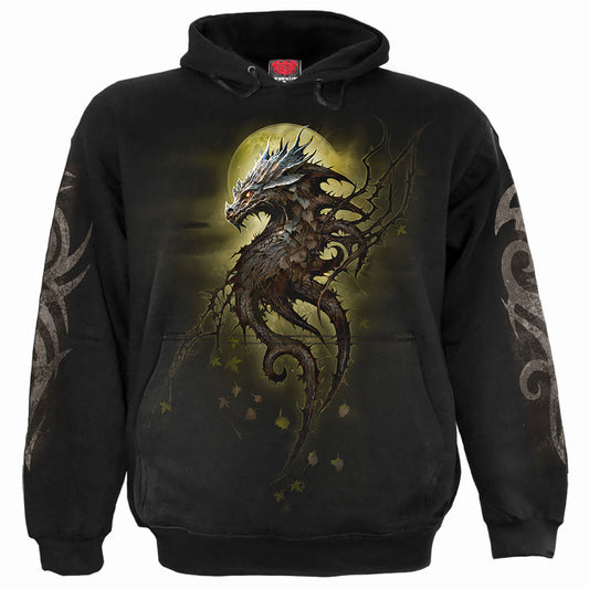 Black hoodie with a large, detailed dragon graphic on the front.