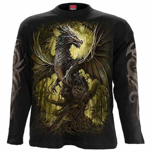 Black long sleeve shirt with large dragon and moon graphic on back.