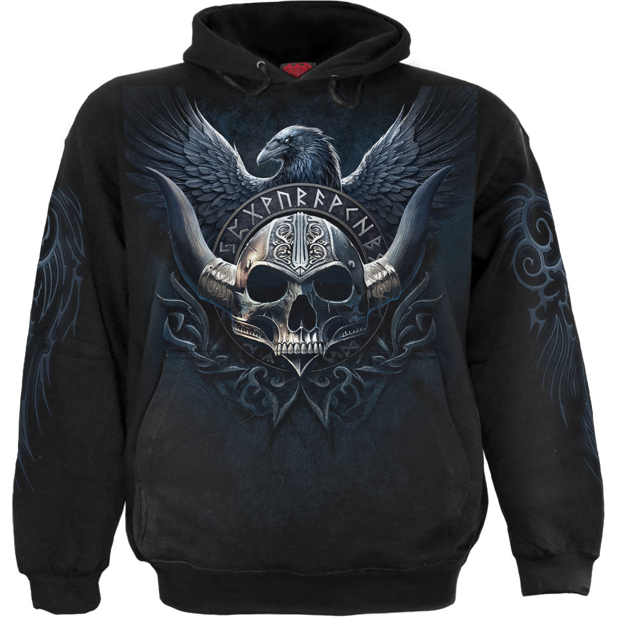 Black hoodie with a large graphic of a Viking skull and raven.