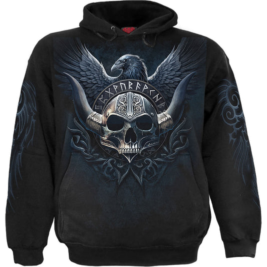 Black hoodie with a large graphic of a Viking skull and raven.