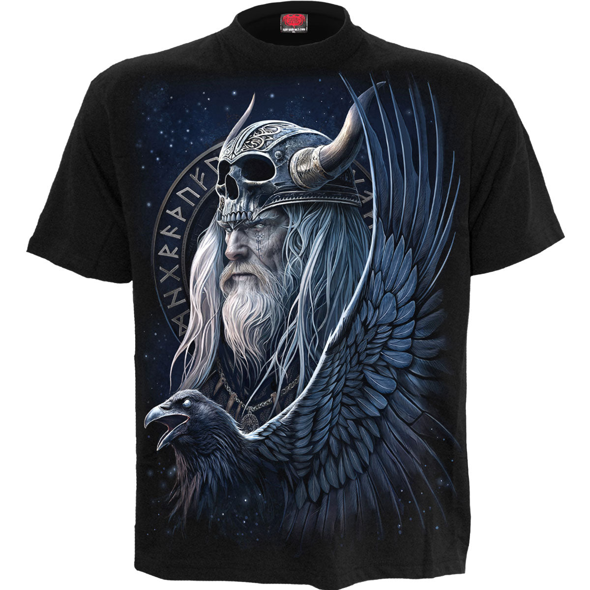 Black t-shirt featuring a graphic of a horned skull, a raven, and runic symbols.
