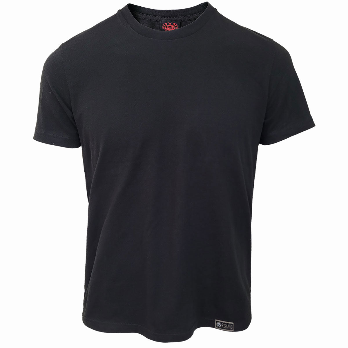 Black short-sleeved unisex t-shirt, laid flat, with a small logo.