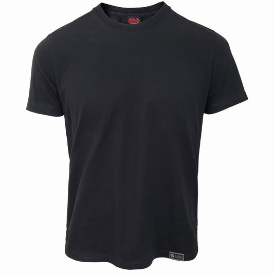 Black short-sleeved unisex t-shirt, laid flat, with a small logo.