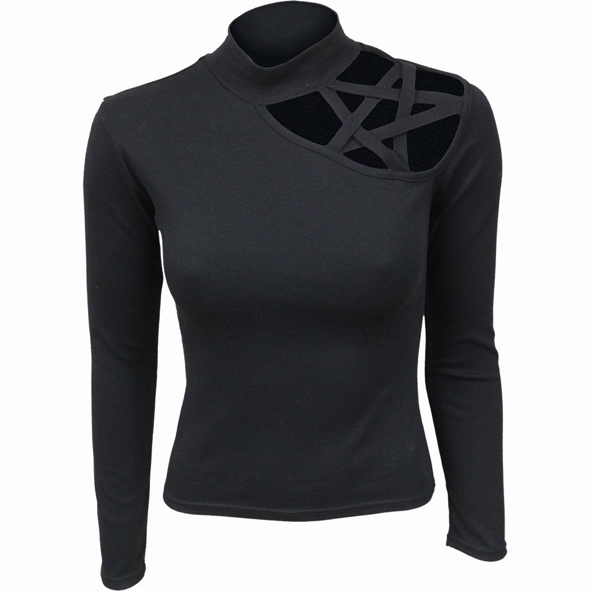 Black long sleeve top with a pentagram design on the back.
