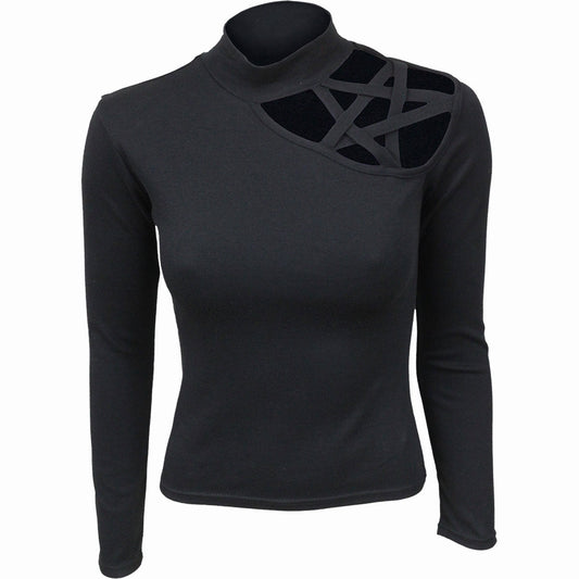 Black long sleeve top with a pentagram design on the back.