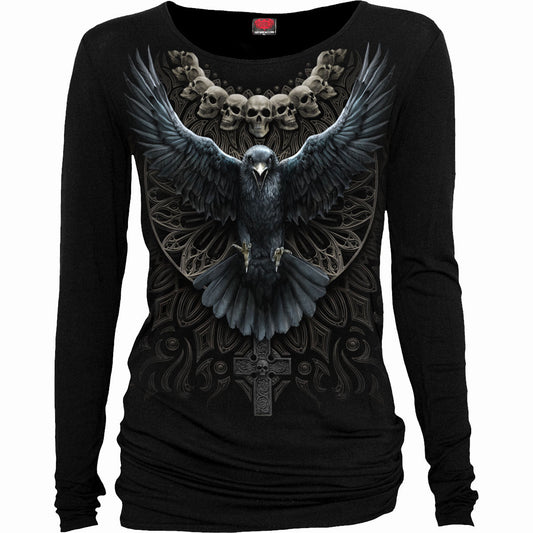 Black long sleeve top with a large raven and skull graphic.
