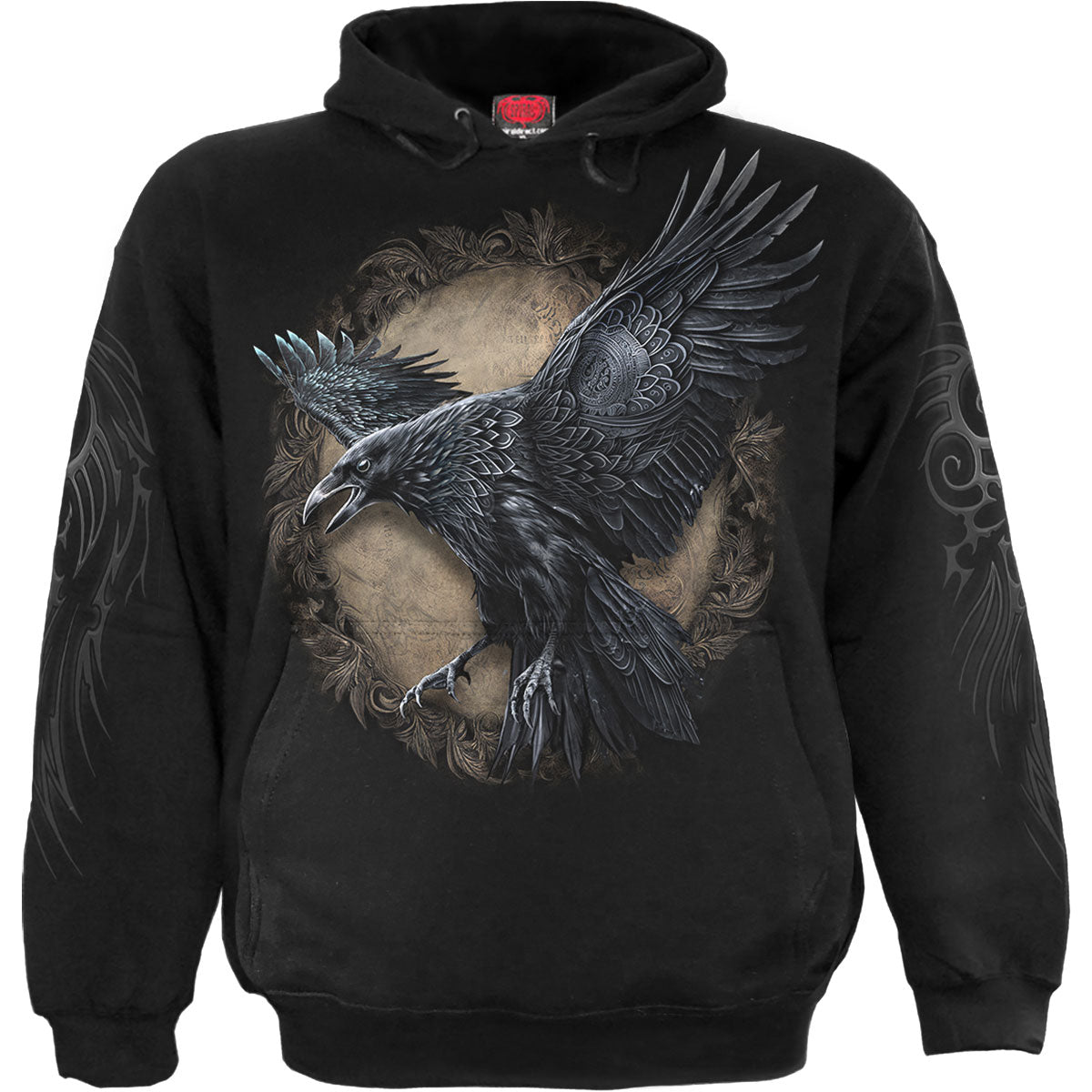 Black hoodie with a large graphic of a raven and ornate design.