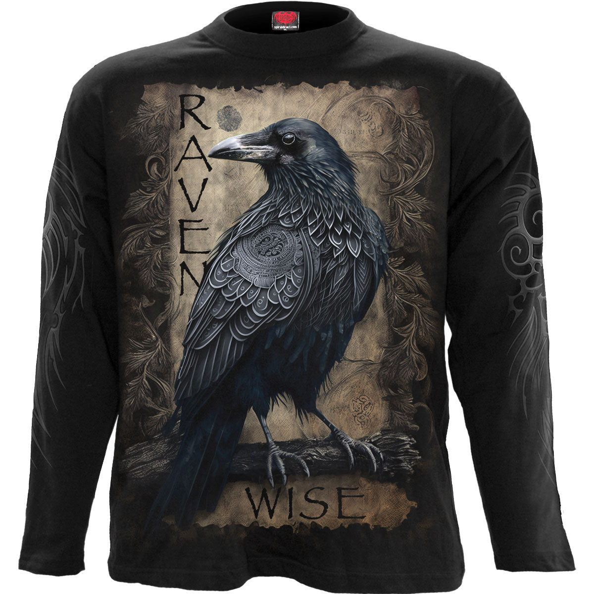 Black long sleeve shirt with a large raven design on the back.