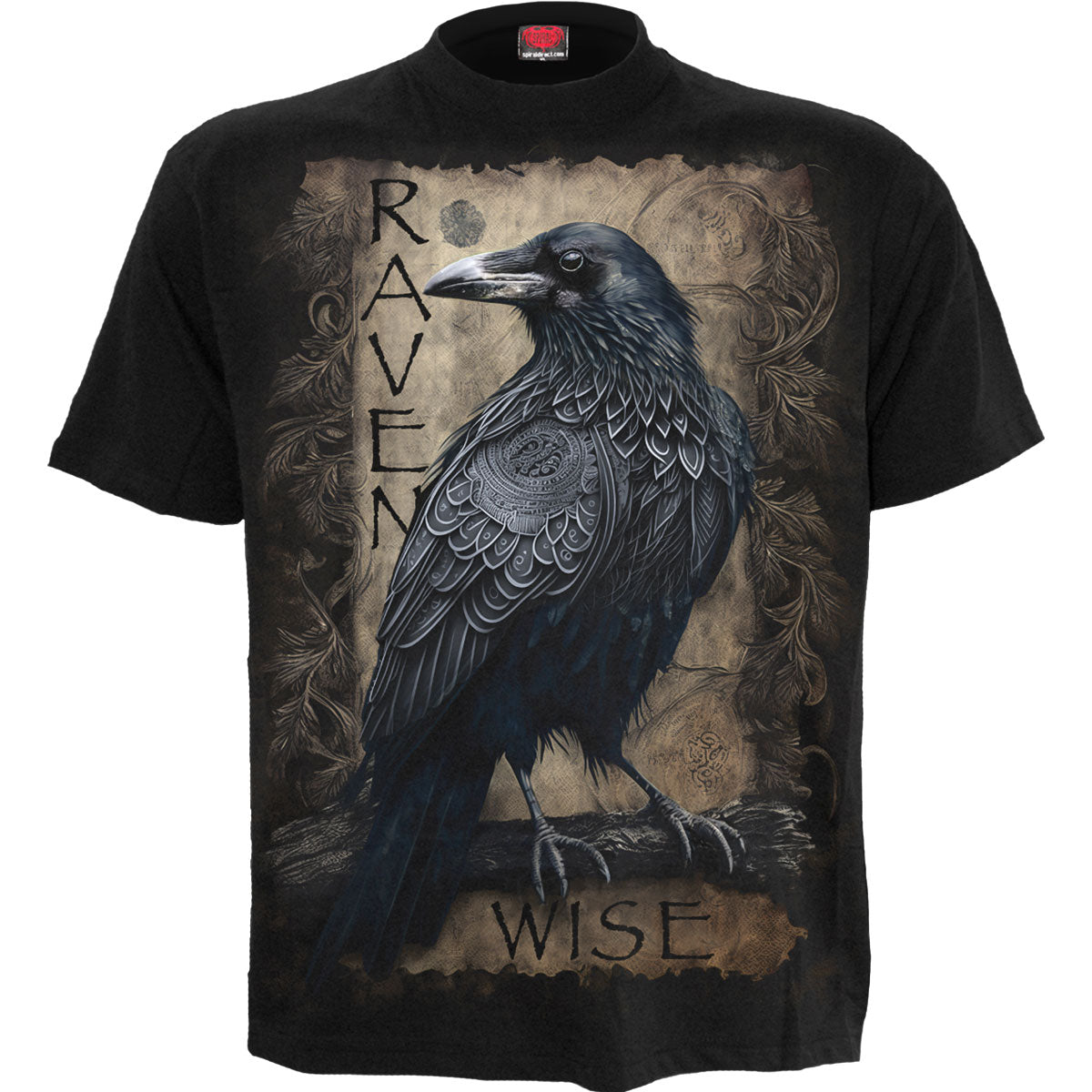 Black short-sleeve t-shirt with a large raven graphic on the back.