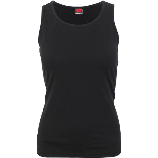 Black women’s sleeveless top, round neck, fitted style, on white background.