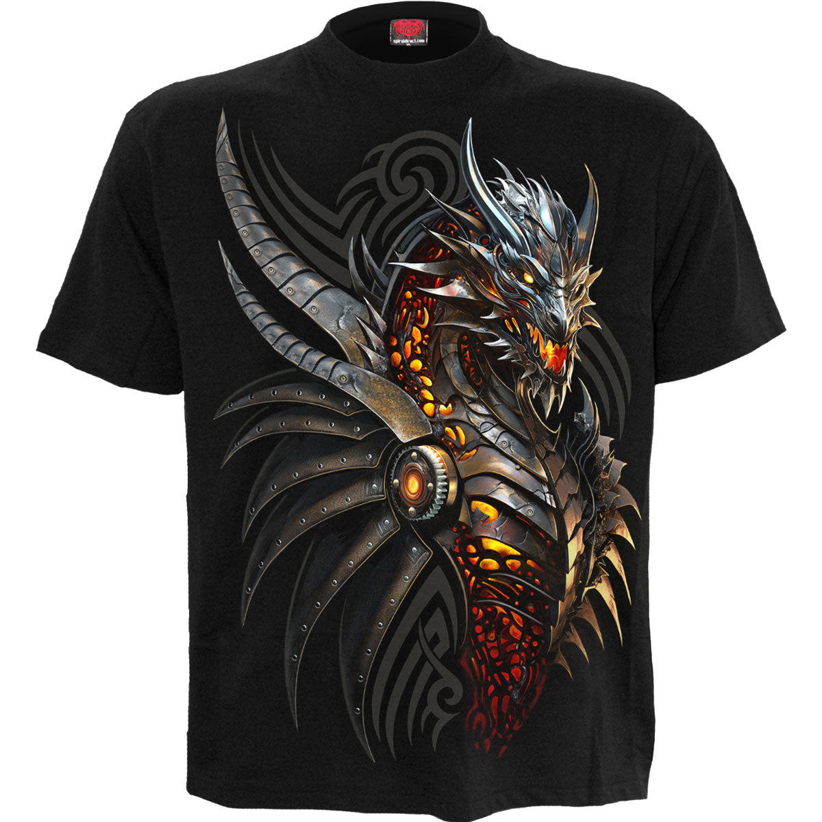 Black short sleeve t-shirt with a large dragon graphic on the back.