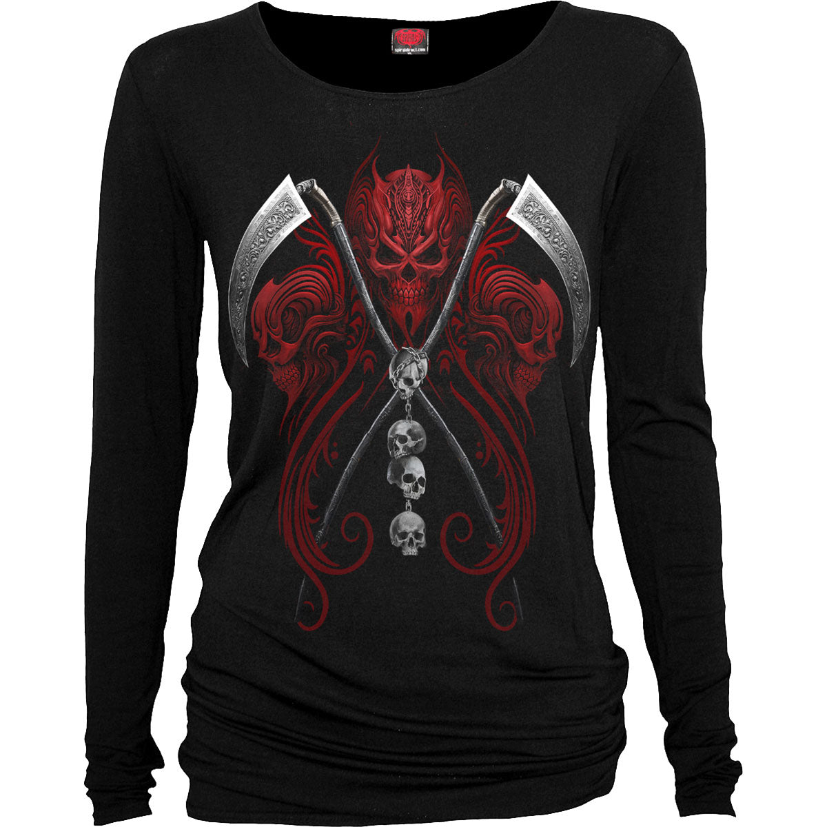Black long sleeve shirt with red and grey skull and scythe graphic.