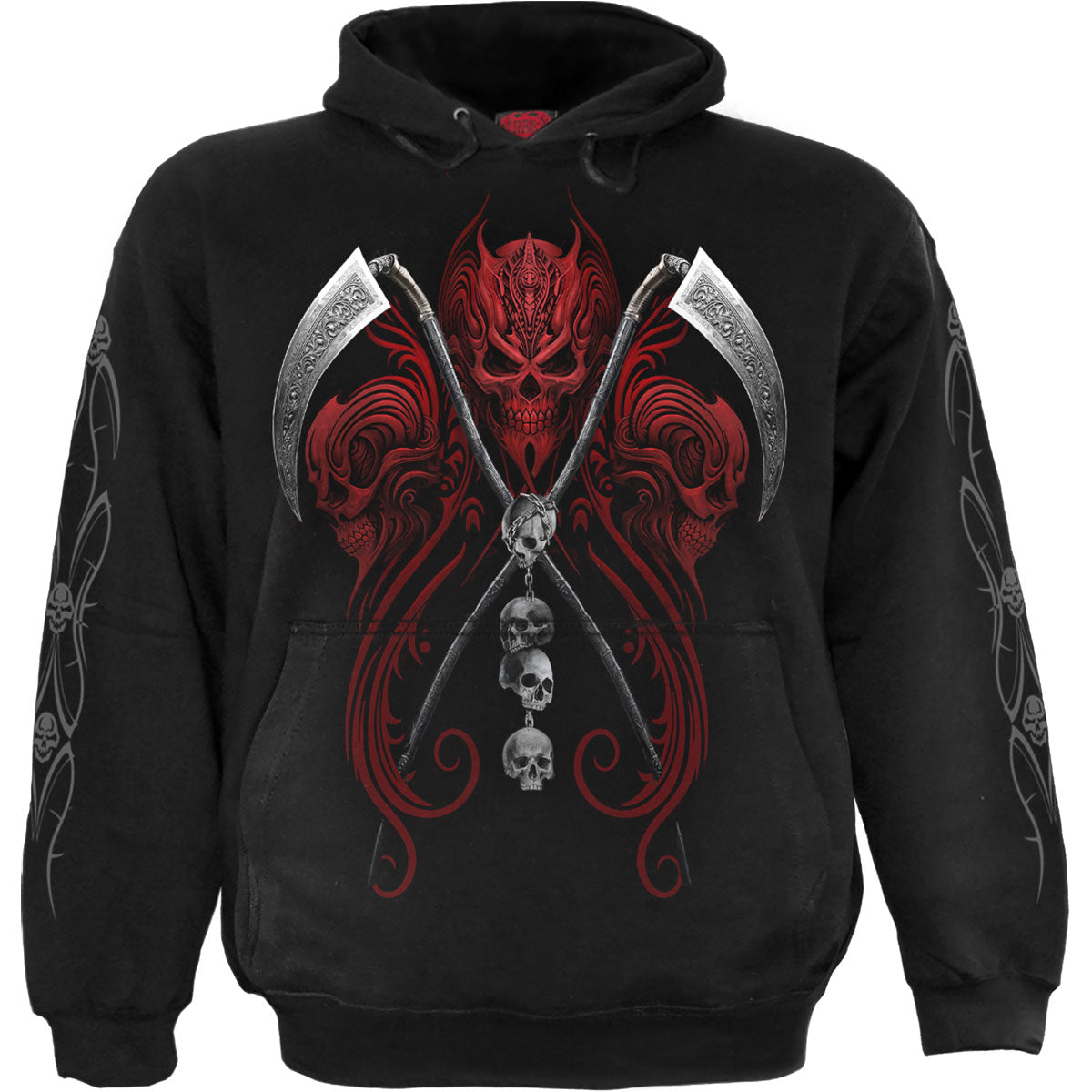 Black hoodie with a large graphic of a hooded figure holding a scythe.