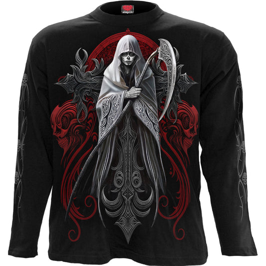 Black long sleeve shirt with a large red and black skull and scythe design.
