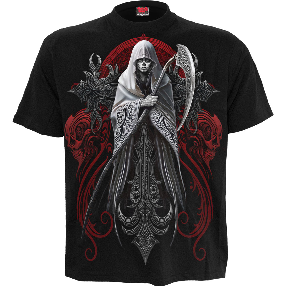 Black t-shirt with a large red and grey skull and crossed scythes design.
