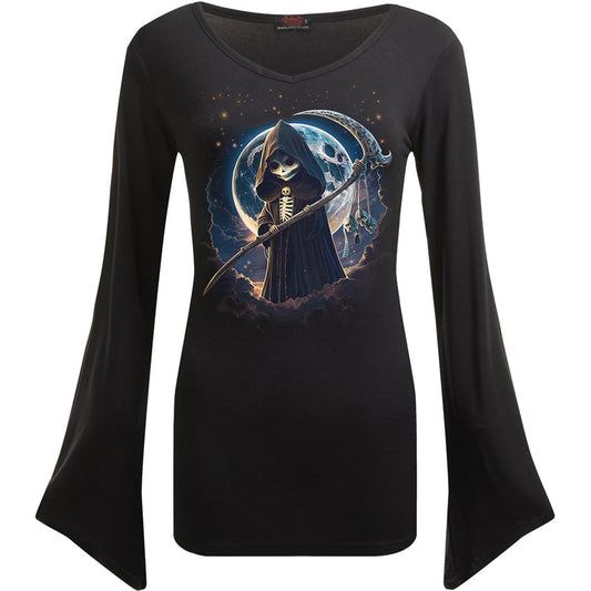 Black long-sleeved women’s top with a grim reaper graphic print.