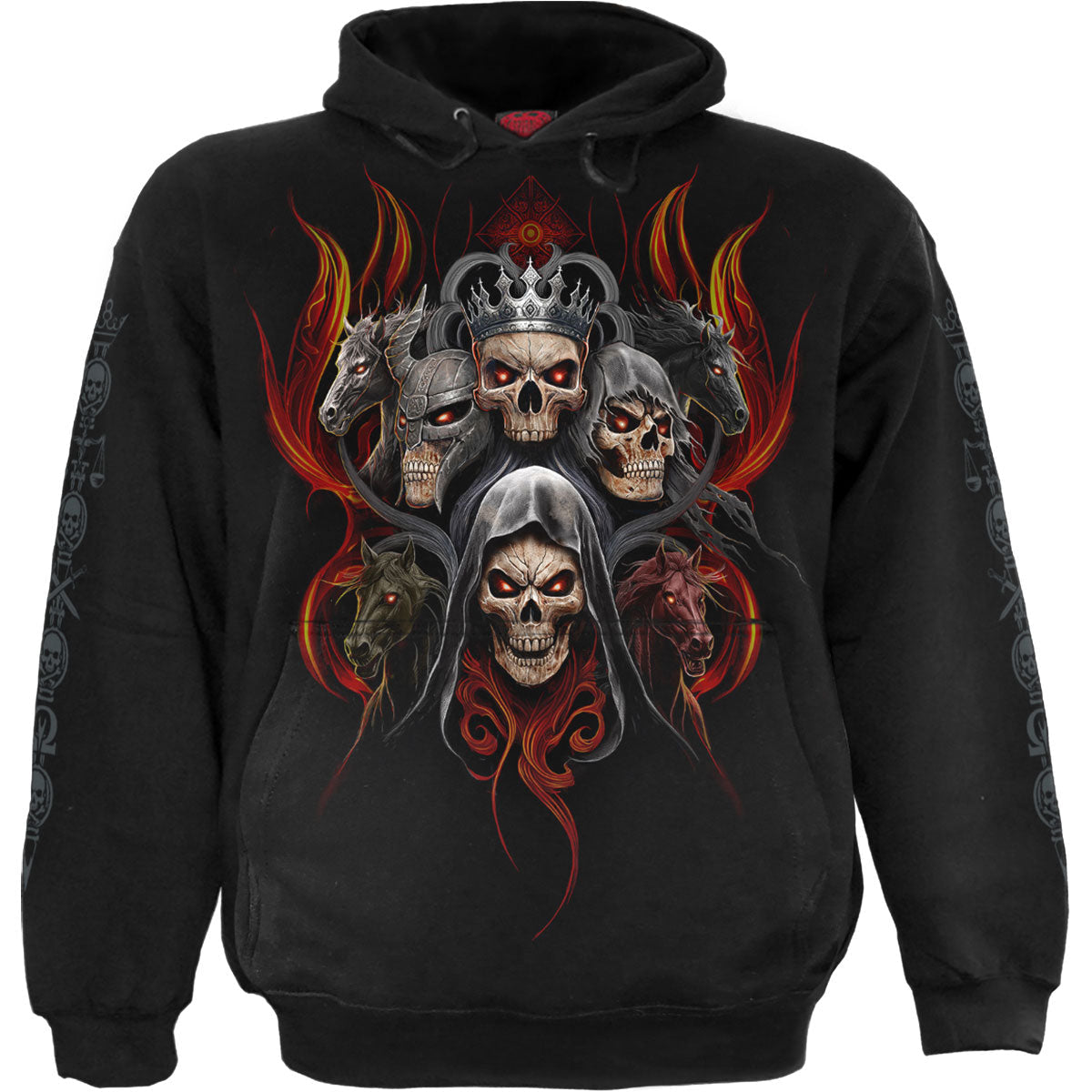 Black hoodie with a large, colorful graphic of the Four Horsemen.