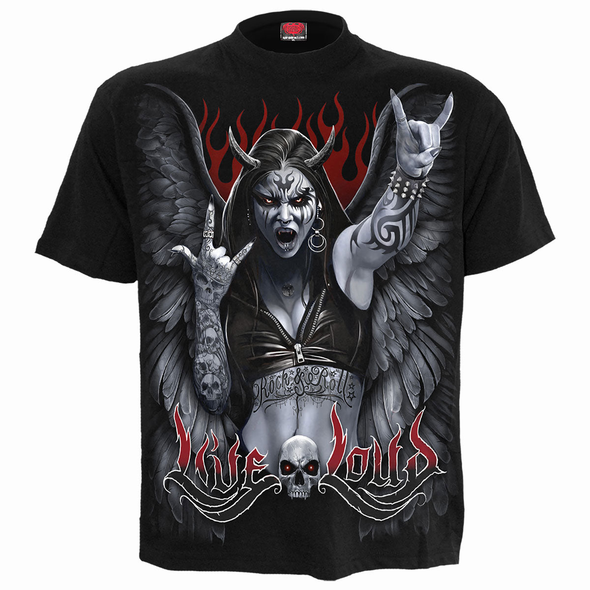 Black t-shirt with graphic of a hand making the rock-on sign.