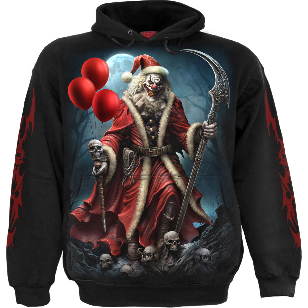 Black hoodie with a graphic of a frightening Santa clown design.