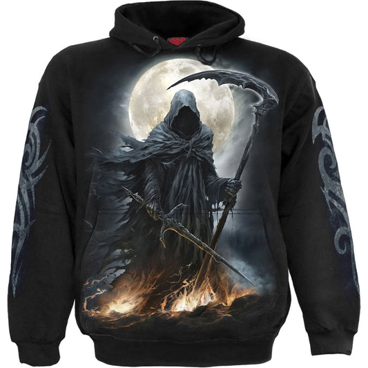 Black hoodie with a large graphic of a grim reaper and scythe.