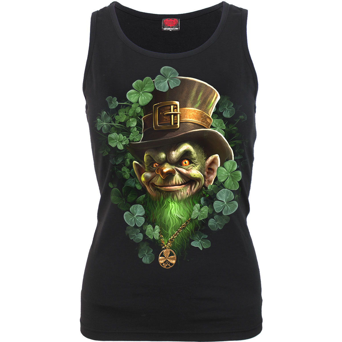 Black sleeveless women’s top with a mischievous leprechaun graphic.