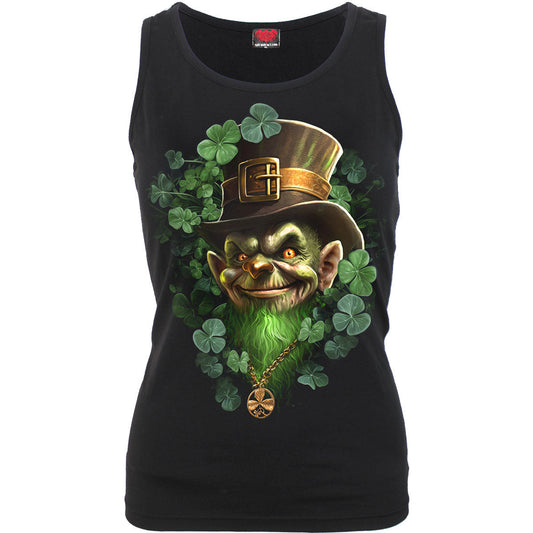 Black sleeveless women’s top with a mischievous leprechaun graphic.
