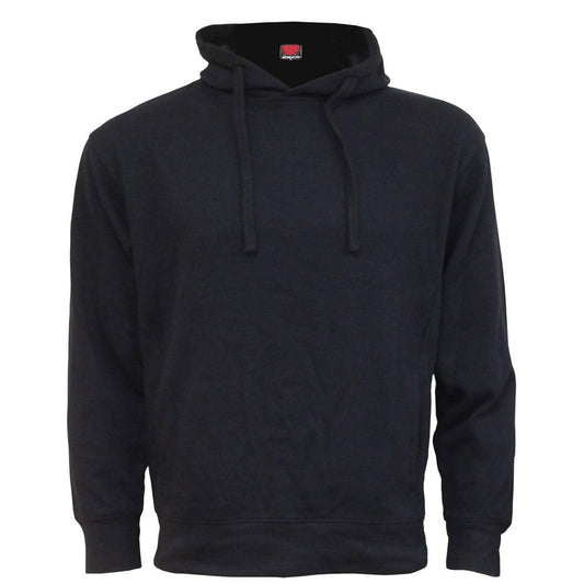 Black unisex hoodie with a hood and drawstring, hanging on a hanger.
