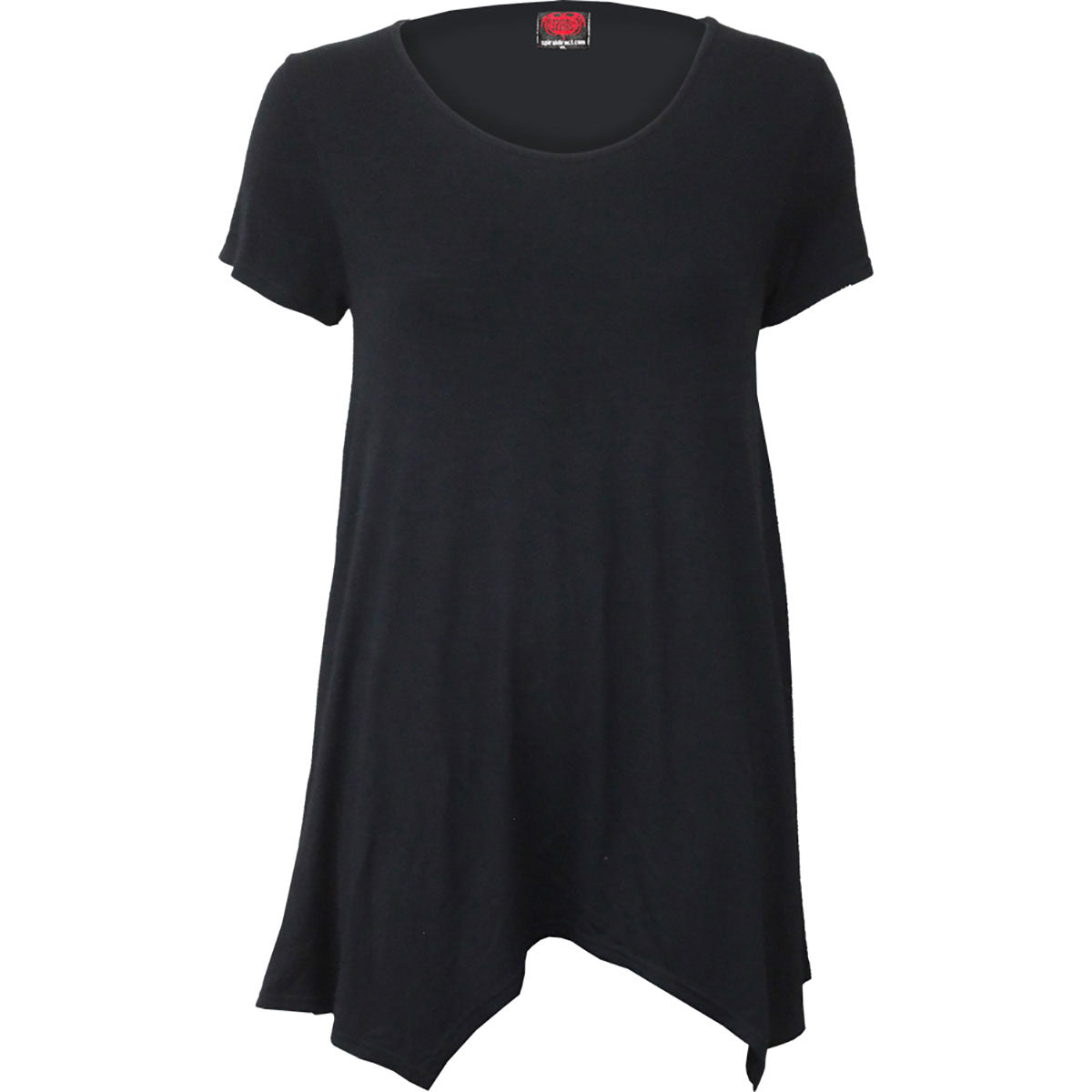 Black, short-sleeved tunic top with a rounded neckline and asymmetrical hem.