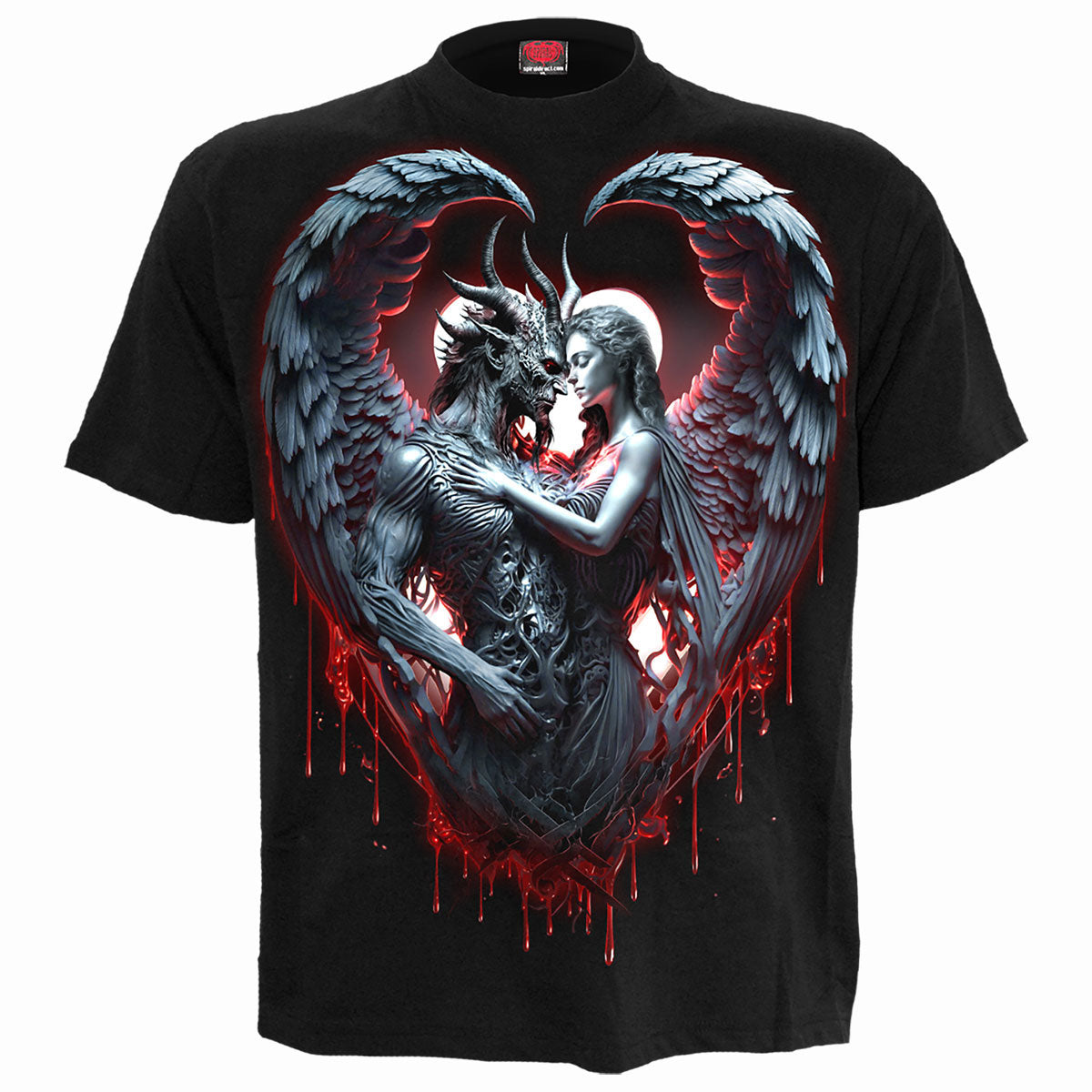 Black t-shirt with a detailed graphic of a demon and angel embracing.