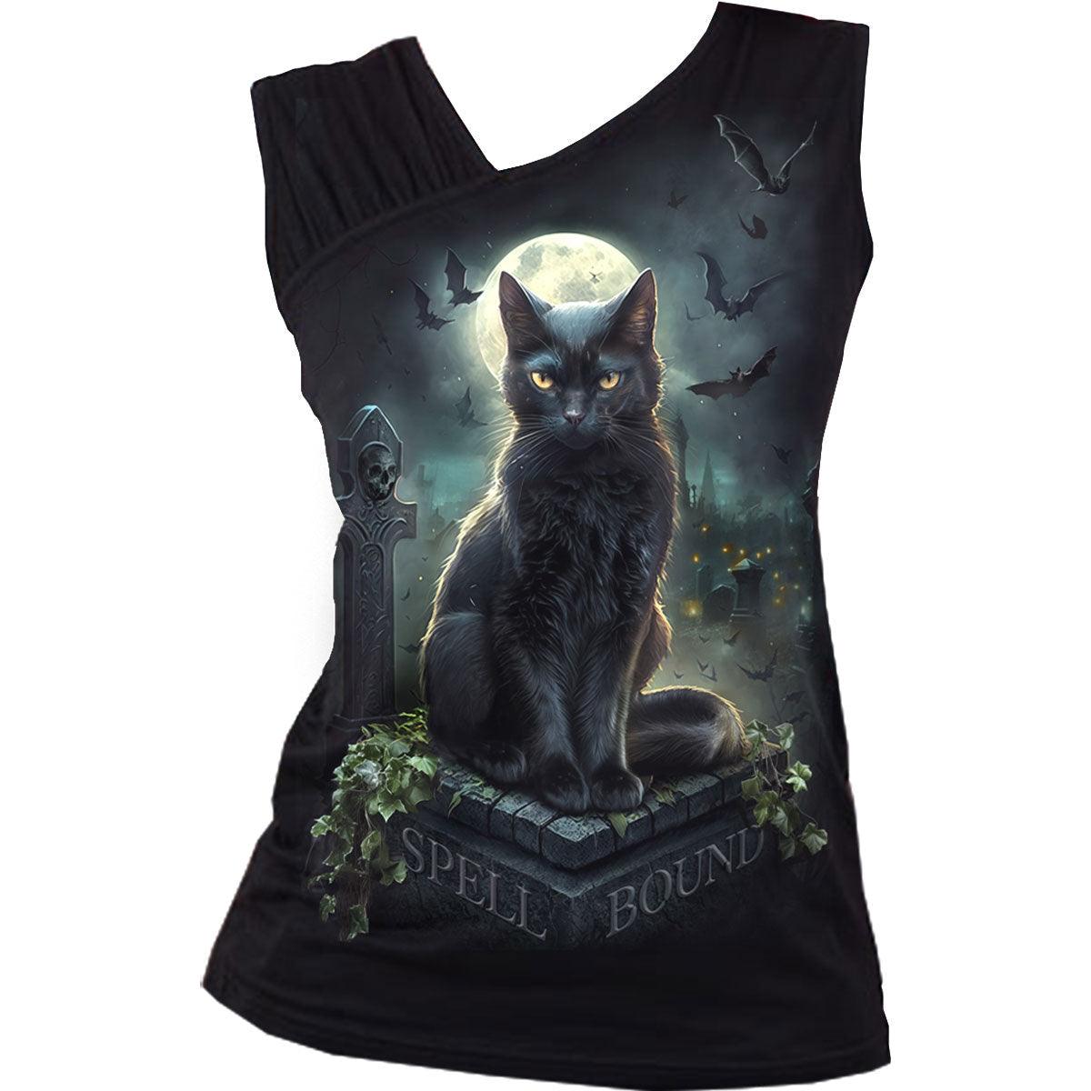 Black sleeveless top featuring a black cat sitting on a tombstone under a moon.