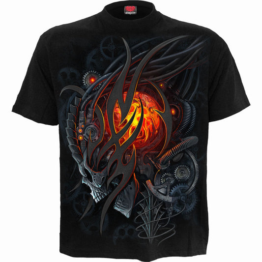 Black t-shirt with a detailed steampunk skull design on the back.