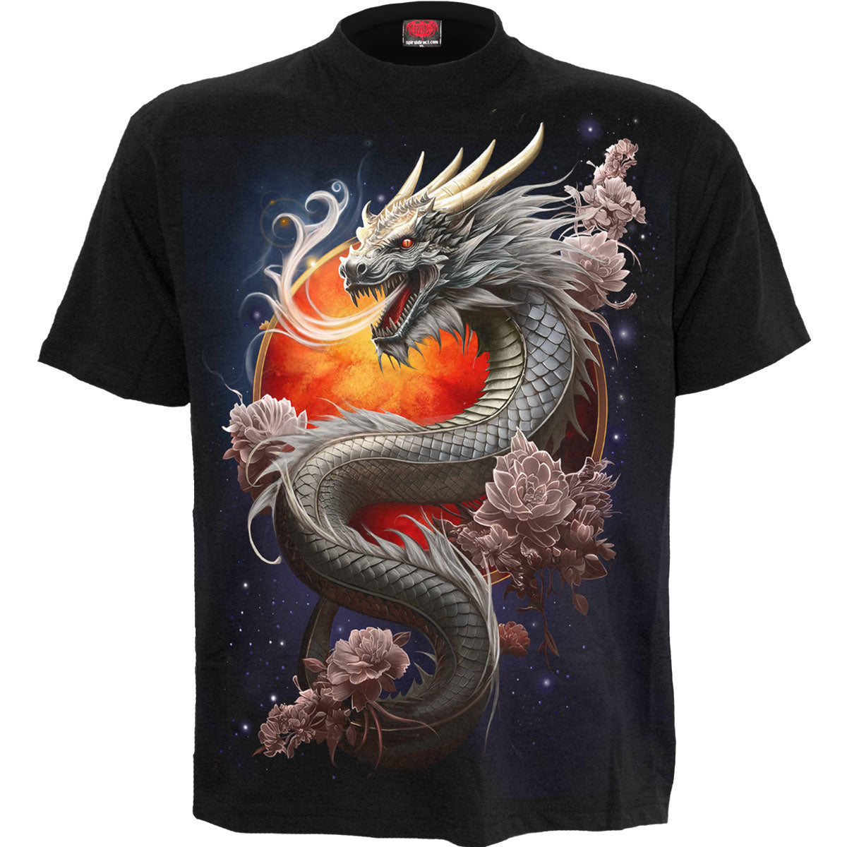 Black t-shirt with a colorful graphic of a dragon and flowers.