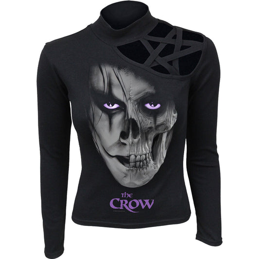 Black long sleeve top with a skull and face graphic, cut-out shoulders.
