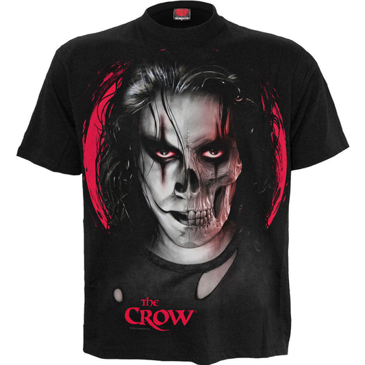 Black t-shirt with a graphic of The Crow’s skull-faced character.