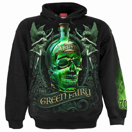 Black hoodie with a large graphic of a skull, bottle, and fairies.