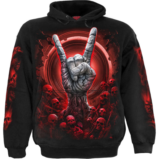 Black hoodie with a graphic of a skeleton playing guitar amid skulls.