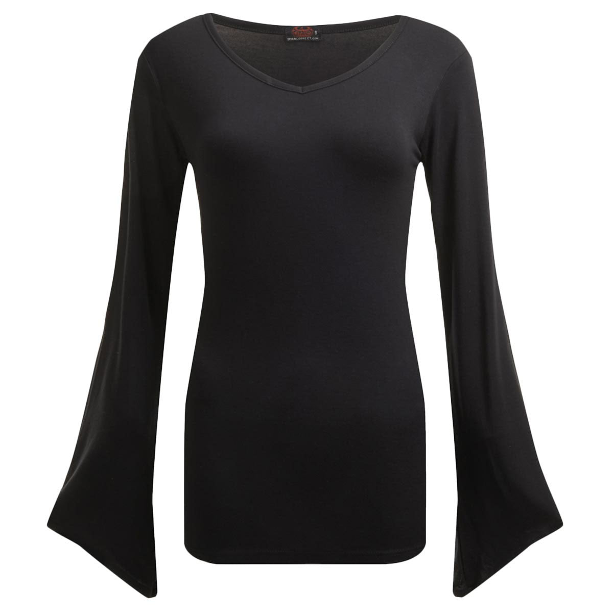 Black long-sleeved V-neck top with flared sleeves, isolated on white.