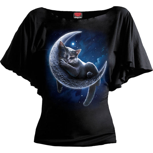 Black short-sleeve t-shirt with a crescent moon and black cat design.