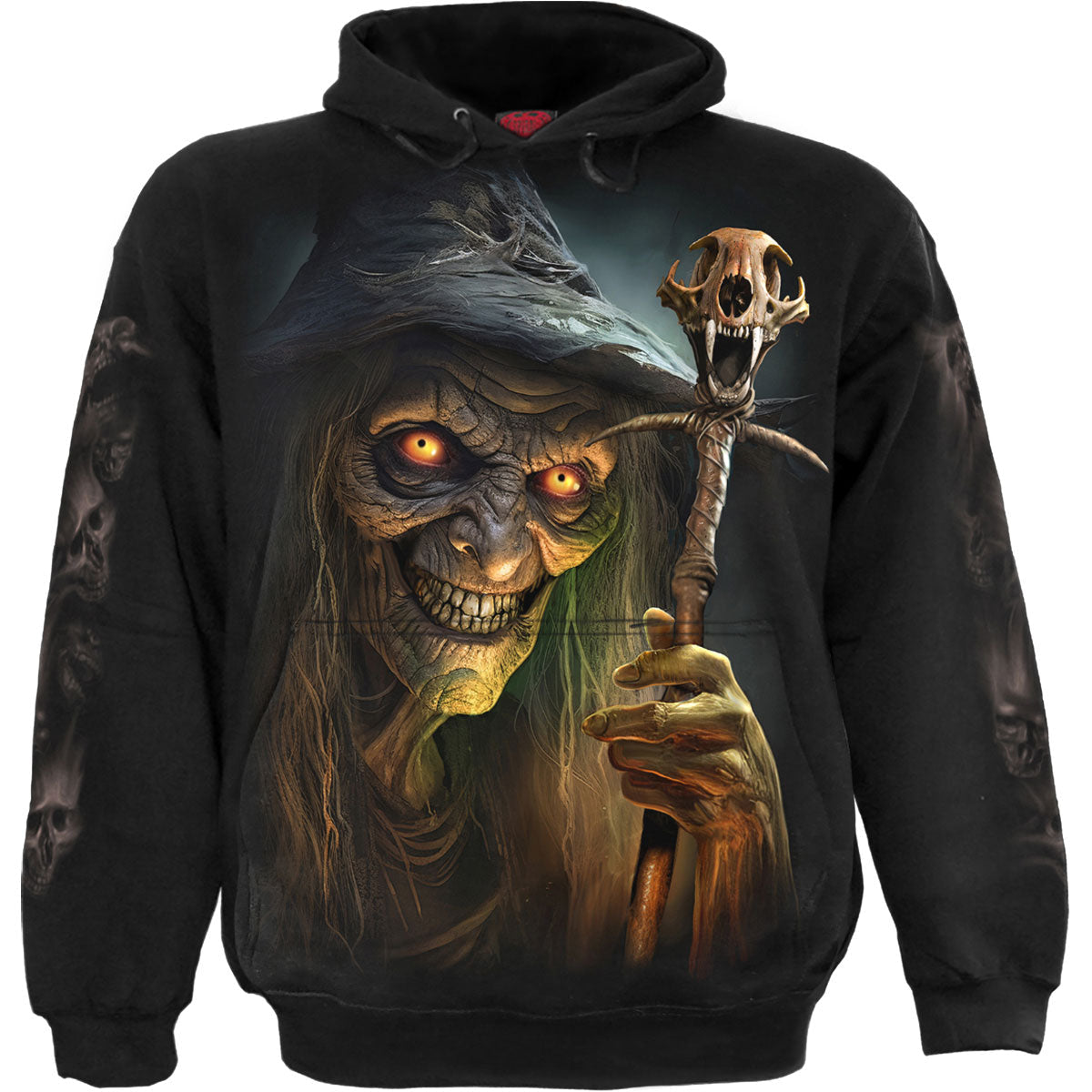 Black hoodie with a detailed graphic of a witch stirring a cauldron.
