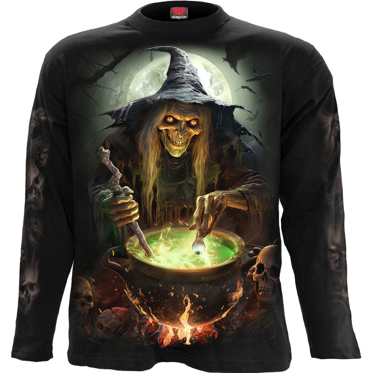 Black long sleeve shirt with a detailed, spooky witch graphic on back.