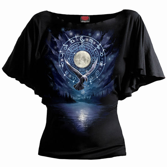Black women's short sleeve top with witchcraft-themed graphic print.