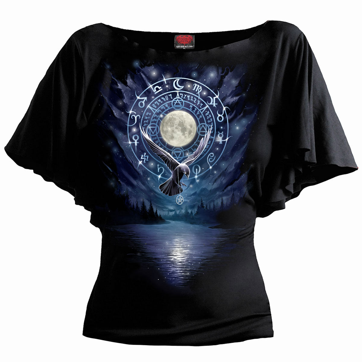 Black women's short sleeve top with witchcraft-themed graphic print.