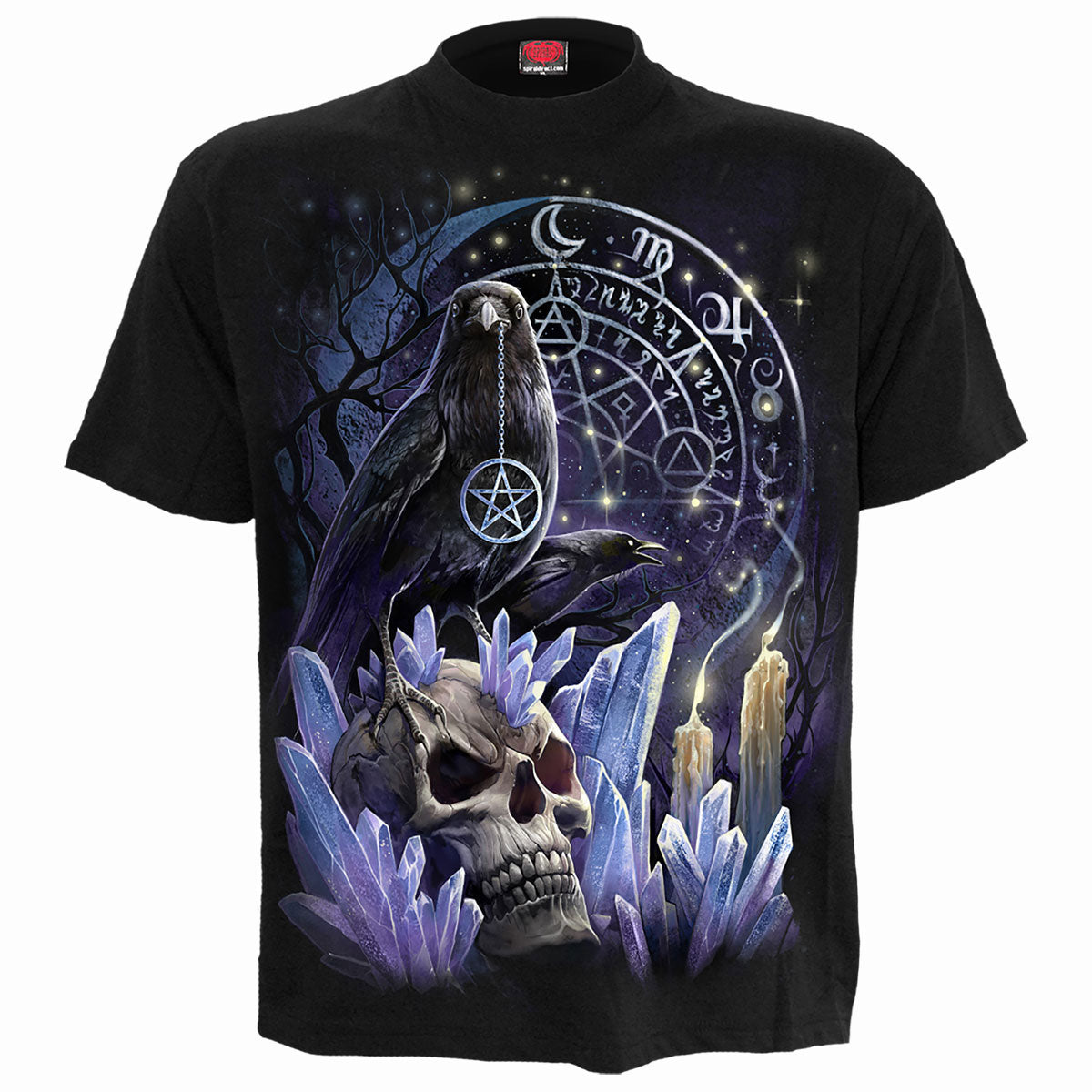 Black t-shirt with a detailed witchcraft-themed graphic on the back.
