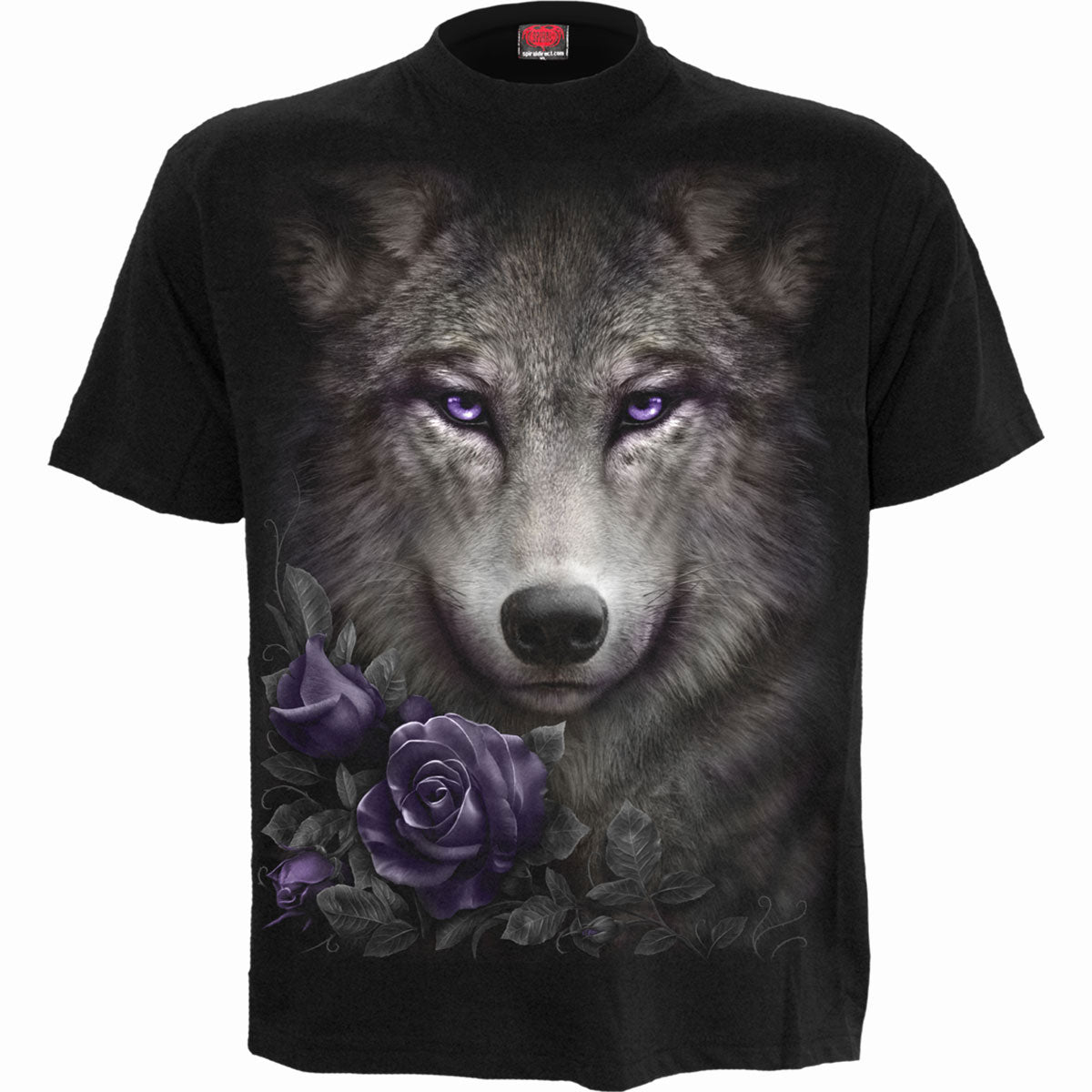 Black short-sleeve t-shirt, back view, with a graphic design.